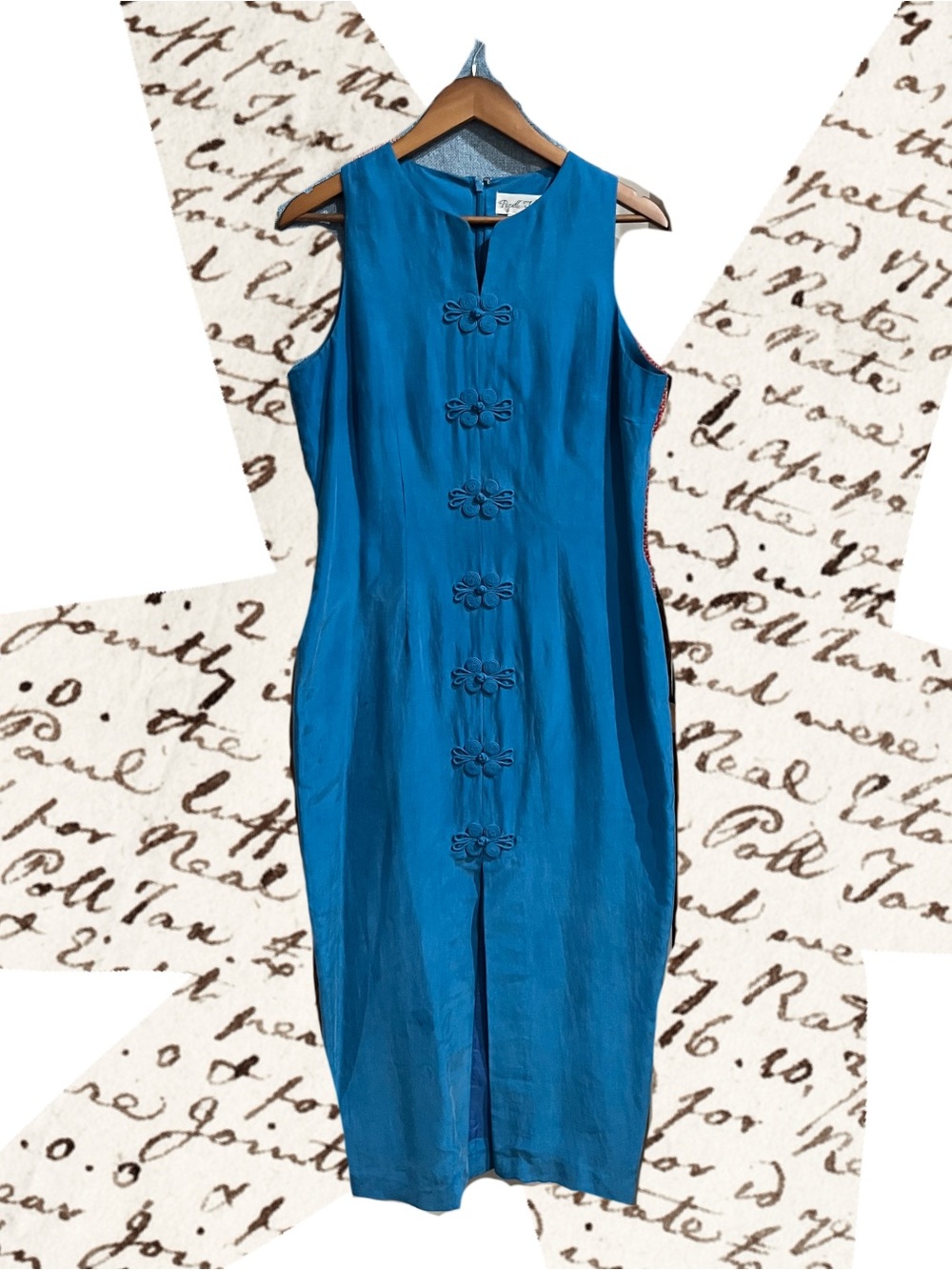 Vintage Blue Sleeveless Midi Dress with Loop Buttons